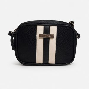 Bolso crossbody Nautica Camera negro con franjas blancas, fotografía real