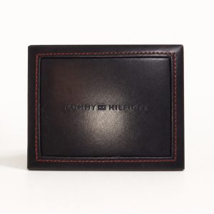 Tommy Hilfiger billetera marrón oscuro con costuras rojas