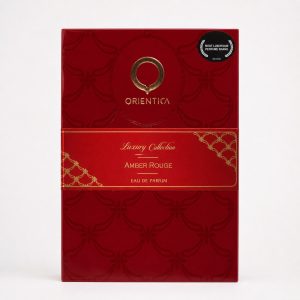 Perfume Orientica Amber Rouge Eau de Parfum, caja roja y dorada