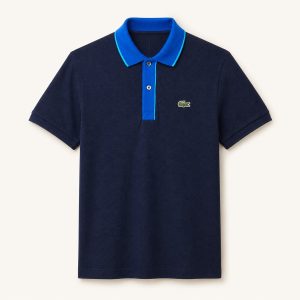 Polo Lacoste Slim Fit azul oscuro con cuello y pechera azul eléctrico talla M
