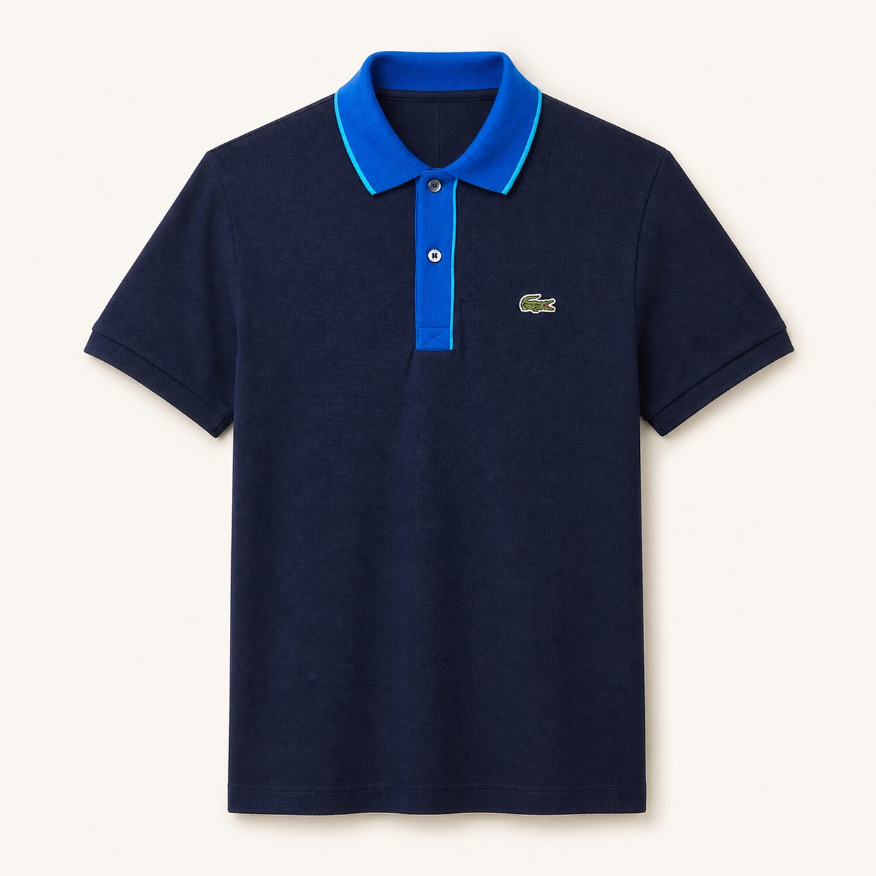 Polo Lacoste Slim Fit azul oscuro con cuello y pechera azul eléctrico talla M