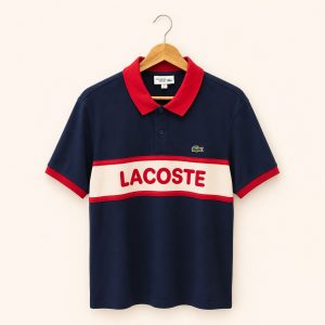 Polo Lacoste Sport azul blanco y rojo talla L, vista frontal