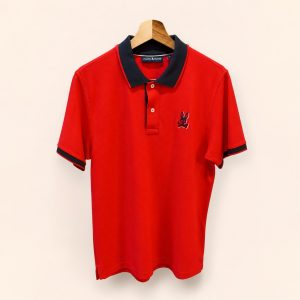 Polo Psycho Bunny rojo con azul oscuro talla 4, vista frontal