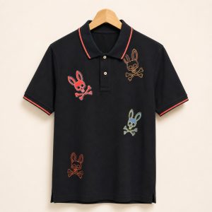 Polo Psycho Bunny negro con Bunnys multicolor talla 5, vista frontal