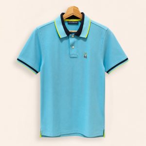 Polo Psycho Bunny azul claro con detalles neón talla 3, vista frontal
