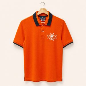 Polo Psycho Bunny naranja con azul oscuro talla 3, vista frontal