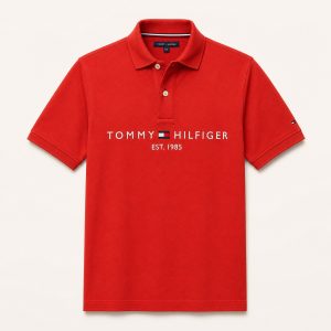 Polo Tommy Hilfiger rojo con logo frontal y texto Est. 1985 talla L/G