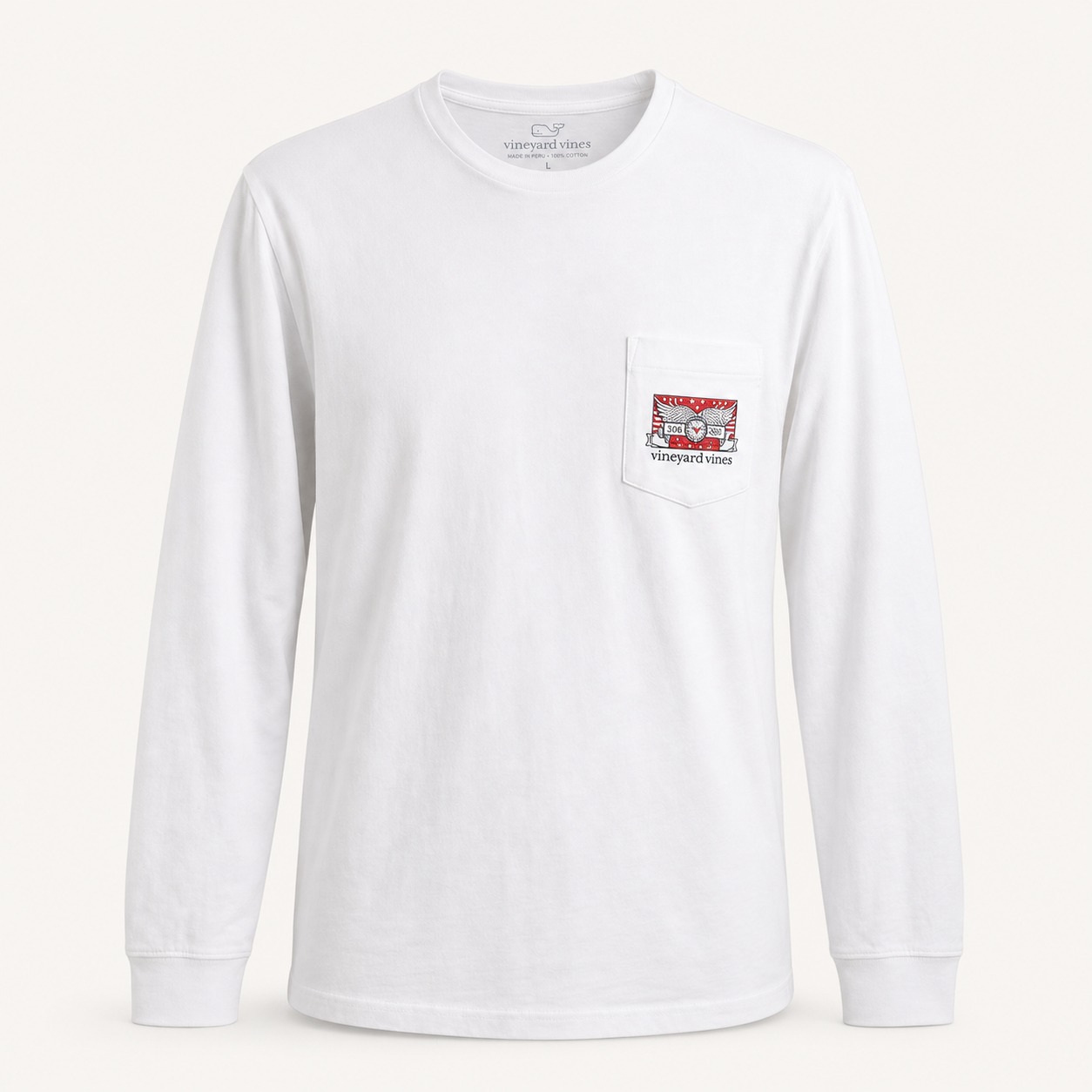 Camiseta Vineyard Vines blanca de manga larga con bolsillo gráfico USA talla L