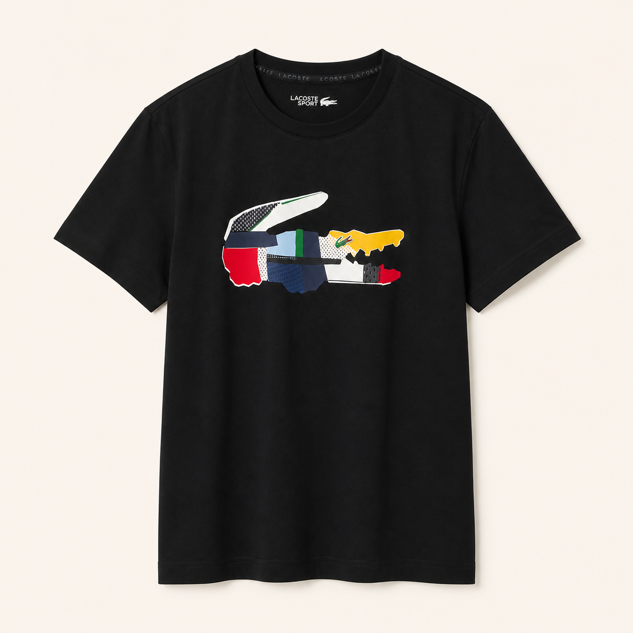 Lacoste Sport Camiseta Negra con Cocodrilo Multicolor – Talla M