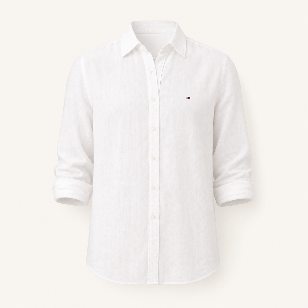 Camisa Tommy Hilfiger blanca de lino manga larga talla L, vista frontal