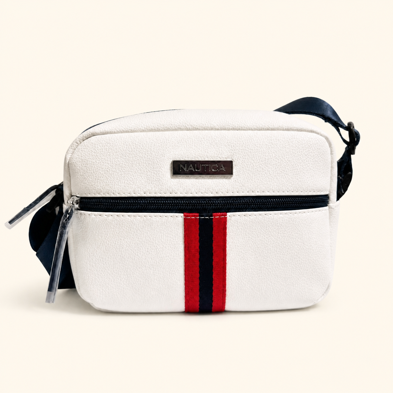 Nautica bolso Camera Crossbody blanco con franja tricolor