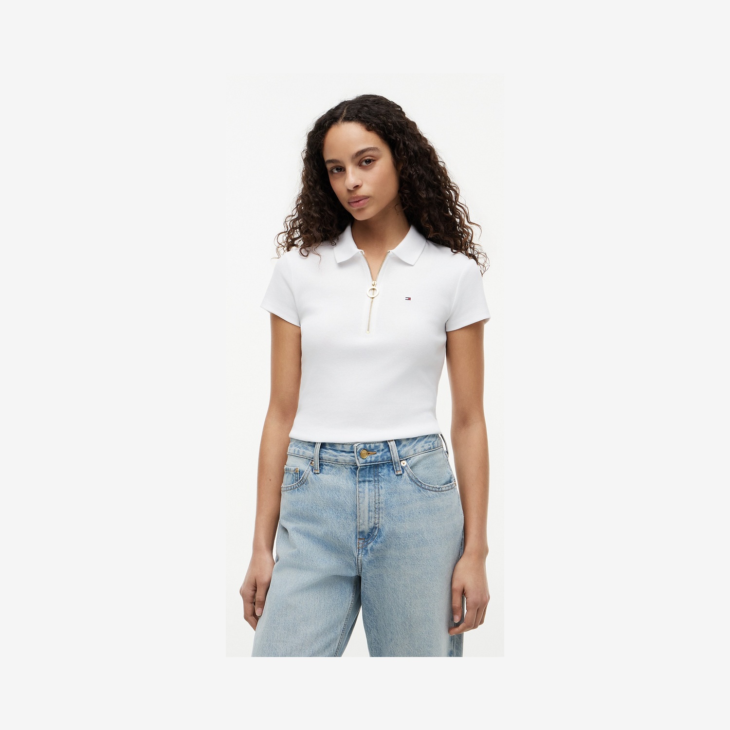 Tommy Hilfiger Slim Fit Zip Polo Optic White para Mujer Talla S