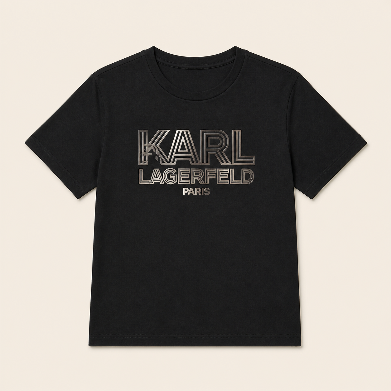 Karl Lagerfeld Camiseta Negra Logo Plateado – Talla L