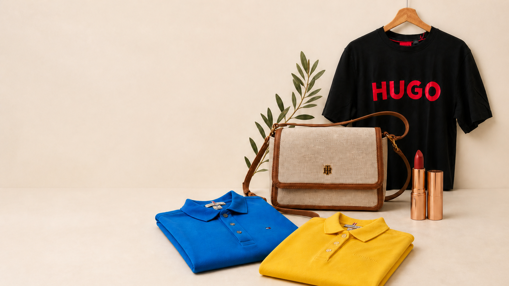 Selección de camiseta, bolso, labial y camisuéteres disponibles en Venus Naizir Boutique